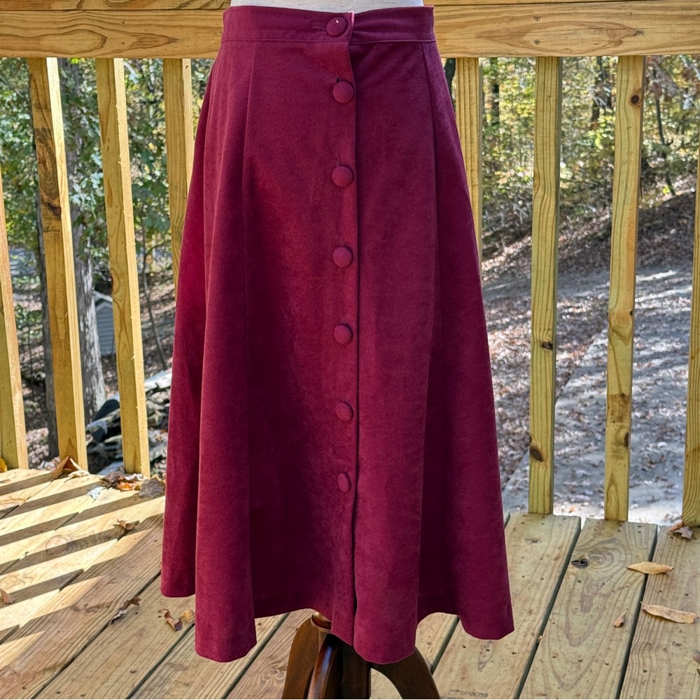 Vintage 90s Faux Suede Button Front A Line Burgundy Midi Skirt Size 18 P